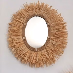 Miroir ovale raphia et coquillages