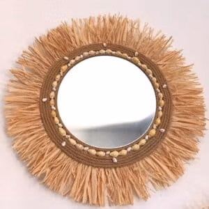 Miroir rond raphia et coquillages