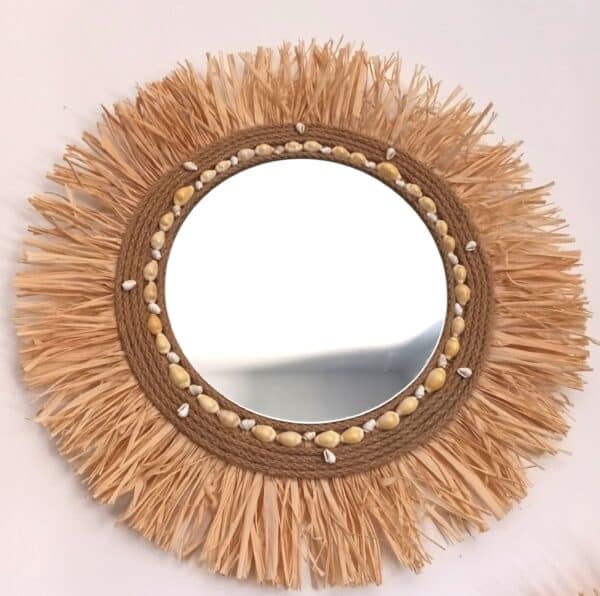Miroir rond raphia et coquillages - Atelier cordyline